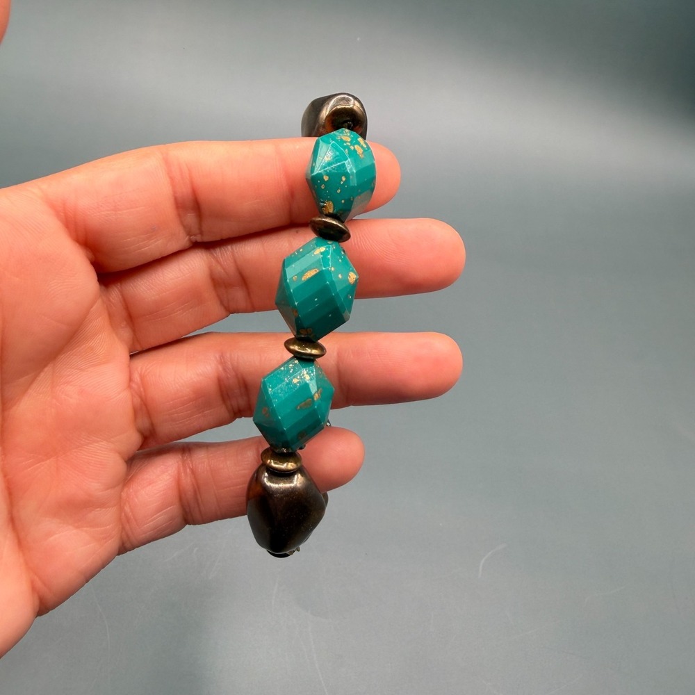 Turquoise & Bronze Tone Chunky Beaded Stretch Bracelet Boho Statement Festival